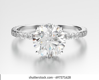 3D illustration white gold or silver traditional engagement ring with diamond with reflection on a grey background