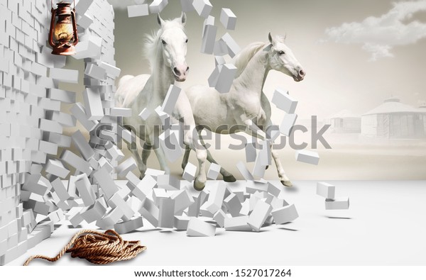 3D Illustration of White Horse coming out from broken bricks - 3d wallpaper
