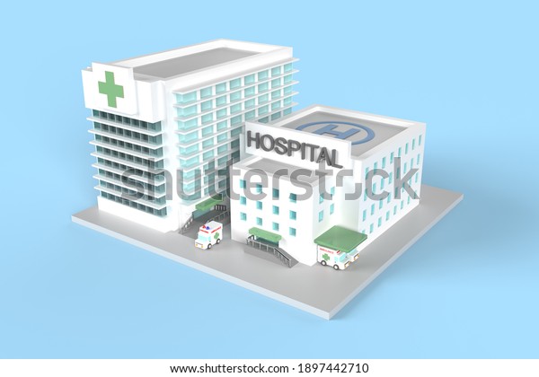 3D illustration of white hospital building\
with slope floor for emergency patient and ambulance van and\
helicopter parking area on isometric view. Cartoon model structure\
on blue isolate\
background