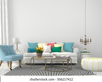 3d Illustration. White Interior Of Living Room With Colorful Pillows