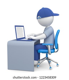 3d illustration white male figure Home Office Computer Online