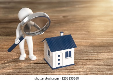 3D Illustration White Male With Magnifying Glass House