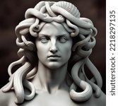 3D illustration of a white marble bust of Medusa, otherwise known as Gorgo, a mythological monster slain by the hero Perseus in ancient Greek mythology.