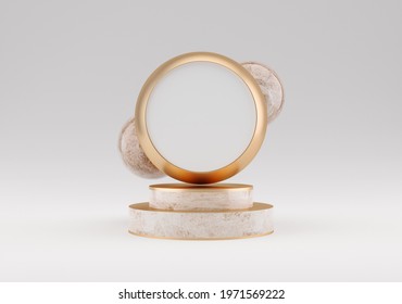 3d Illustration Of White Marble Pedestal Isolated On White Background, Round Gold Frame, Memorial Board, Marbel Sphere, Abstract Minimal Concept, Blank Space, Clean Design, Luxury Minimalist Mockup