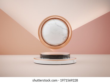 3d Illustration Of White Marble Pedestal Isolated On Beige Background, Round Gold Frame, Memorial Board, Marbel Sphere, Abstract Minimal Concept, Blank Space, Clean Design, Luxury Minimalist Mockup