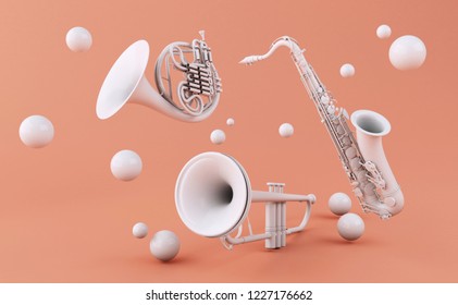 3d Illustration. White Musical Instruments On A Pink Background. Music Concept.