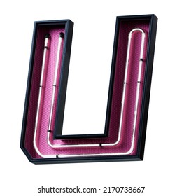 3D illustration of White Neon light alphabet character Capital letter U. Neon tube Capital letter White glow effect in Black metal box with pink bottom plate.3d rendering isolated on white background.
