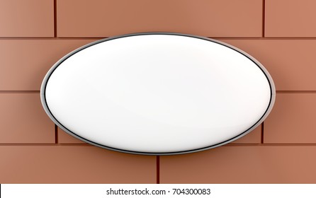 3D Illustration Of White Oval Signboard On The Wall, Front View