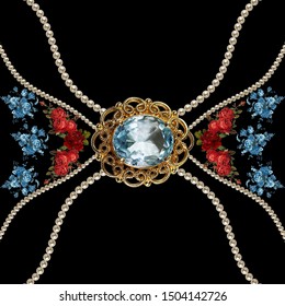 3D Illustration White Pearl Chains,red And Blue Roses And Golden Ornament On Black Background.Beautiful Pattern For Clothes,fabric,home Textile,paper And Scarf.