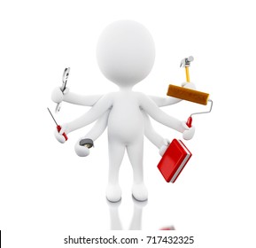 3d illustration. White people with six arms holding tools. Multitasking concept. Isolated white background