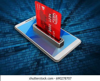 3d illustration of white phone over digital background with bank card