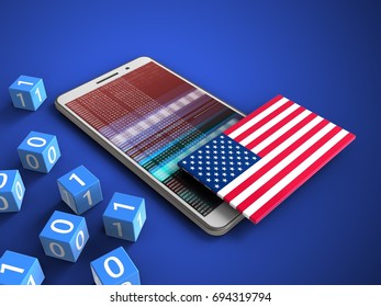 3d illustration white phone over blue background and binary cubes   USA flag