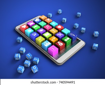 3d illustration white phone over blue background and binary cubes   application icons