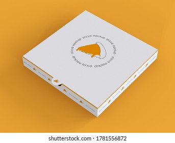 3D Illustration. White Pizza Box Mockup. Delivery Package On Isolated Yellow Background. Delivery Food And Packaging Concept.