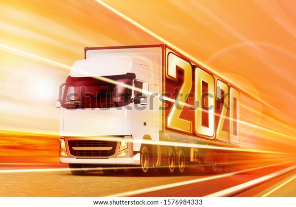 3d illustration of white semi truck like incoming\
year 2020 moving on\
road