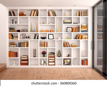 3d illustration of White shelves in the interior with various objects
