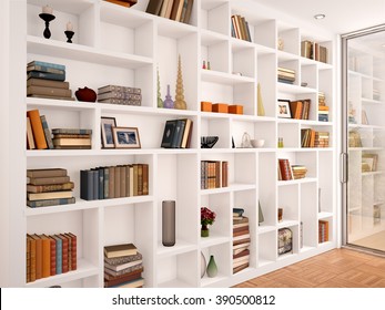 3d illustration of White shelves in the interior with various objects