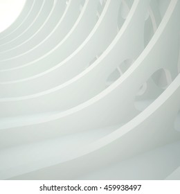 3d illustration. White three-dimensional composition based on a repetitive waveform extruded with oval holes, Light in the end. Architectural background, render.