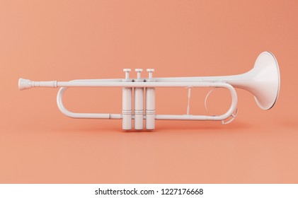 3d illustration. White trumpet on a pink background. Music concept.