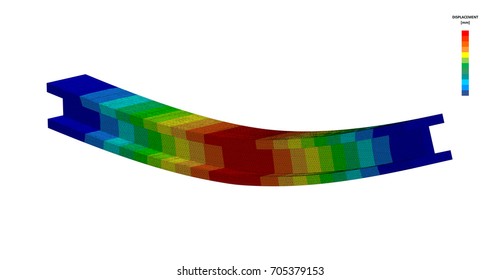 3D Illustration. Wide isometric view of a deflection plot of an I Beam in bending with scale
