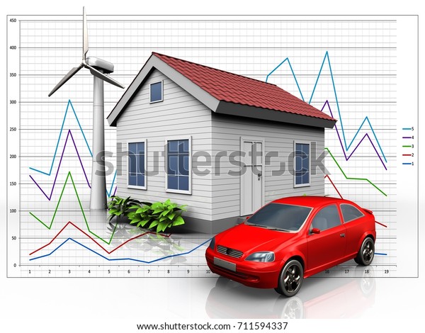 3d illustration of wind energy house with car\
over diagram\
background