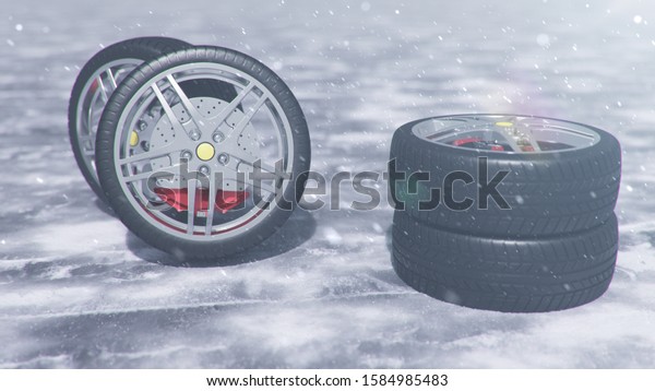 3d illustration Winter tires on a with falling\
snow background of snow storm, snowfall and slippery winter road.\
Winter tires concept. Concept tyres, winter tread. Wheel\
replacement. Road\
safety.