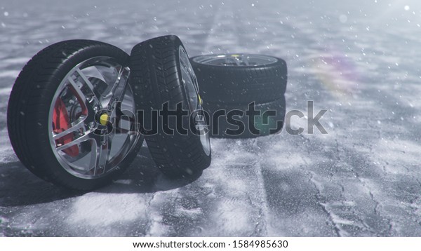3d illustration Winter tires on a with falling
snow background of snow storm, snowfall and slippery winter road.
Winter tires concept. Concept tyres, winter tread. Wheel
replacement. Road
safety.