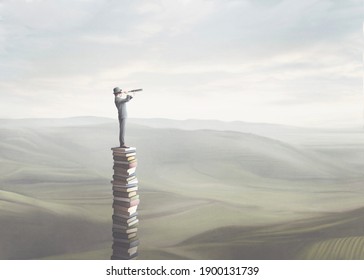 3D Illustration Of Wise Man With Binoculars On The Top Of A Tower Of Books, Surreal Concept