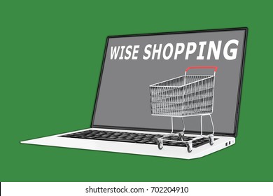 3D illustration of "WISE SHOPPING" script with a supermarket cart placed on the keyboard