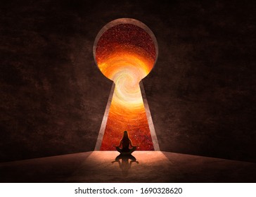 3d illustration. Woman in front of key hole with universe behind - Powered by Shutterstock