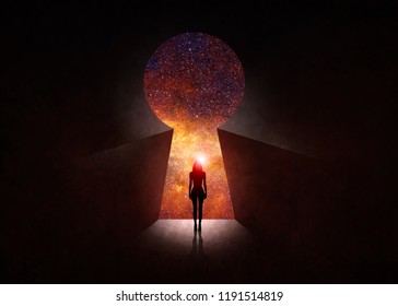 3d illustration. Woman in front of open door with universe behind