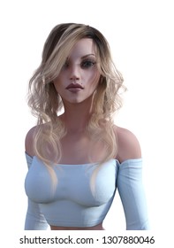 3d Illustration Of A Woman With Honey Blonde Hair Looking At The Camera On A White Background.