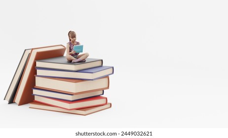 3d illustration. Woman reading a book while sitting on stack of books. 3D render - Powered by Shutterstock