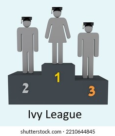 3D Illustration Of A Woman And Three Men On A Podium And Ivy League Title, Isolated Over Pale Blue.