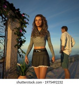 3D Illustration Of A Woman Walking Away From A Man Near The Seashore At Sunset With A Small Patio On The Background.