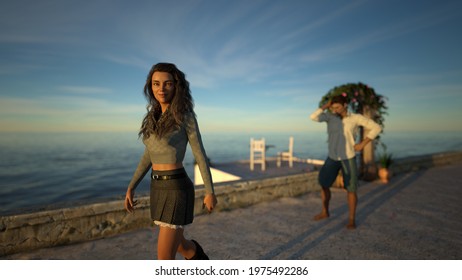 3D Illustration Of A Woman Walking Away From A Man Behind Her While Smiling Near The Seashore At Sunset With A Small Patio On The Background.