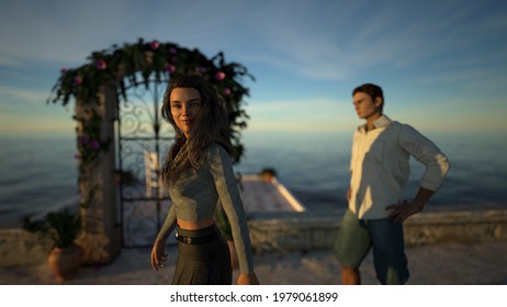 3D Illustration Of A Woman Walking Away From A Man Near The Seashore At Sunset With A Small Patio On The Background.