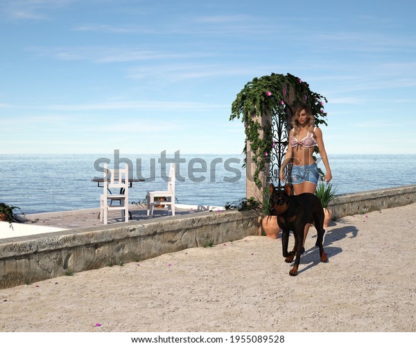 3d illustration of a woman walking next to the\
ocean with her pet dog near a gated patio with table and chairs in\
the late afternoon\
light.