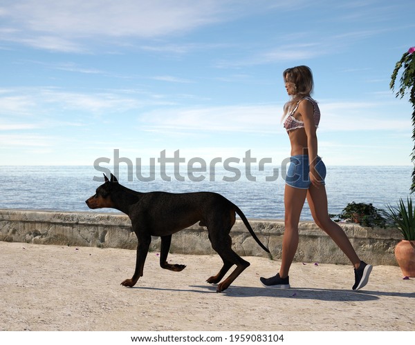 3d illustration of a woman\
walking next to the ocean with her pet dog in the late afternoon\
light.