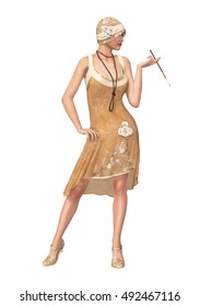 3D Illustration Of A Woman Wearing A Vintage 1920's Flapper Dancer Dress And A Hat With A Cigarette Holder.