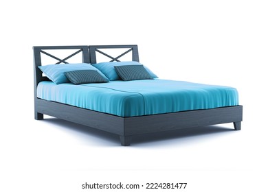 3d Illustration Wooden Bed With Sea Blue Bed Sheet Isolated On White Background 