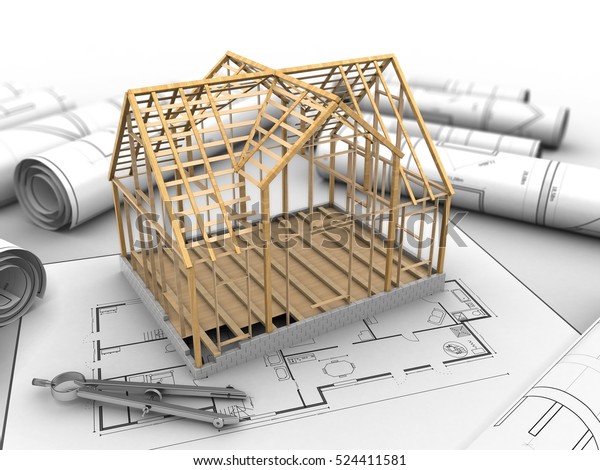 家の平面図の背景に木の家のフレームと円ツールの3dイラスト のイラスト素材