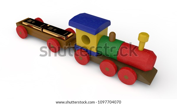 3D
illustration of a wooden train, toys with a car. Lucky two gold
bars. The idea of capital, Deposit, monetary Fund, financial
reserve, wealth. Image on white background,
isolated.