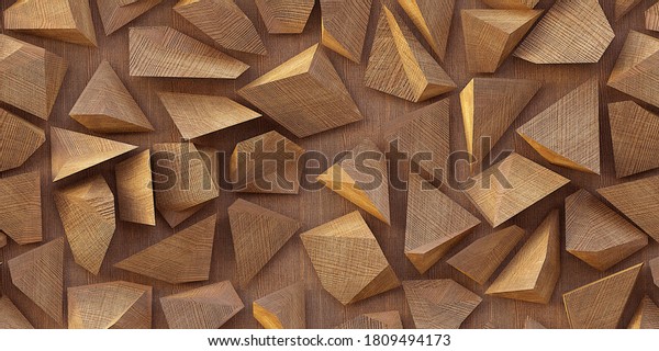 3d illustration. Wooden triangles on a wooden background. Abstract low poly background. Polygonal shapes background, mosaic of low poly triangles, geometric shape with wood texture wallpaper mural. . 