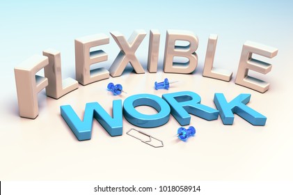 3D Illustration Words Flexible Work And Office Supplies. Concept Of Workplace Flexibility.