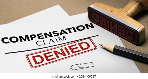 3d illustration of a worker compensation claim with a stamp denied. Disability insurance concept. 