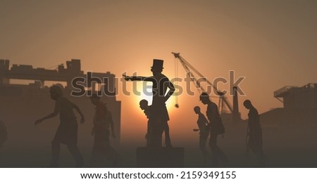 3d illustration of workers going to work at the instigation of their boss