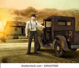 3d Illustration Of A Working Man, Migrant, Leaving His Farm During The Dust Bowl Era, The Great Depression In The USA