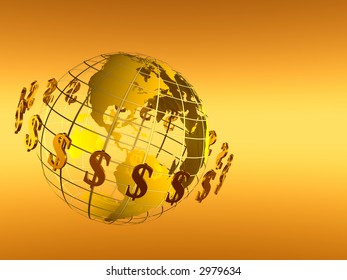 3D Illustration of World with circulating dollars, isolated on gradient background, financial concept,