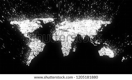 3D Illustration of world map built from white circuitry and binary data